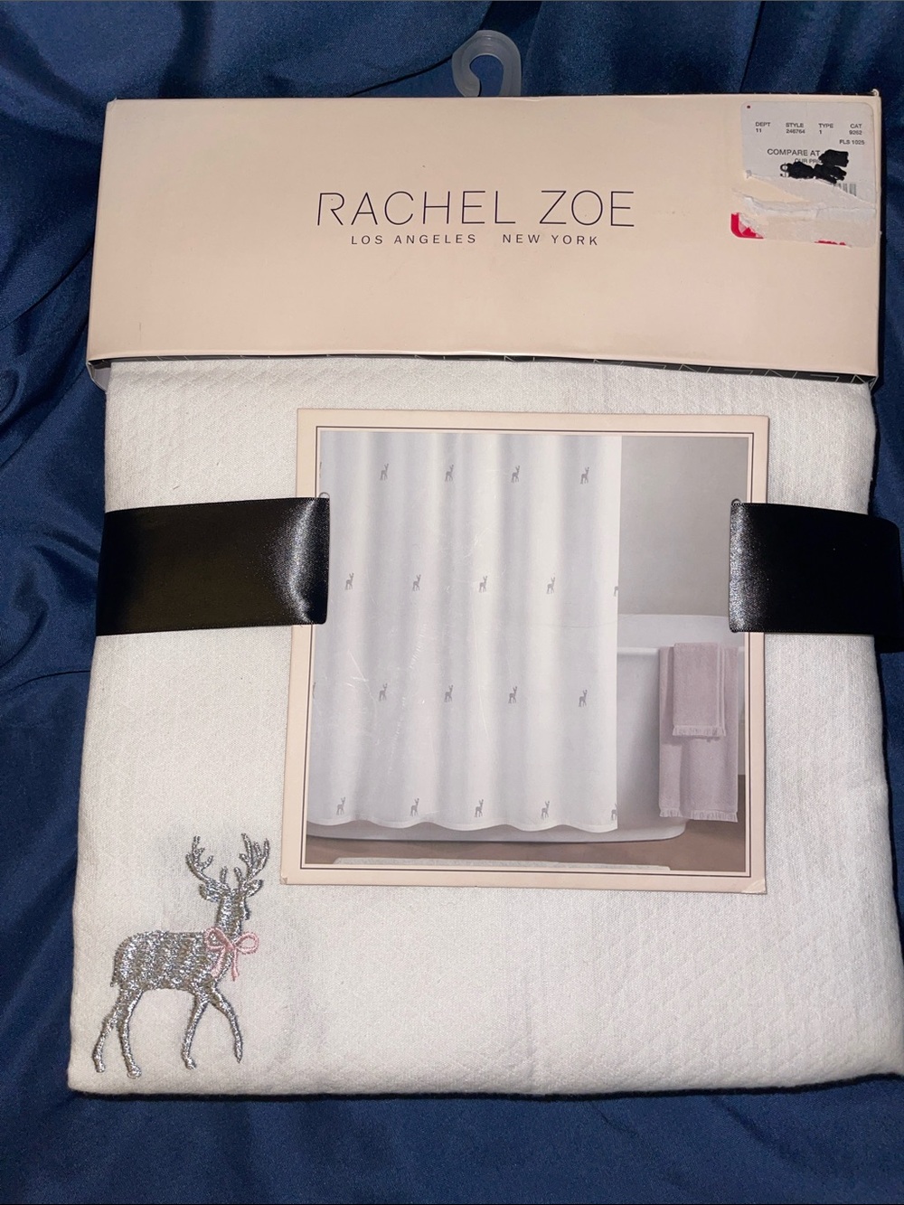 Rachel Zoe White Shower Curtain with Silver Embroidered Reindeer and Pink Bow